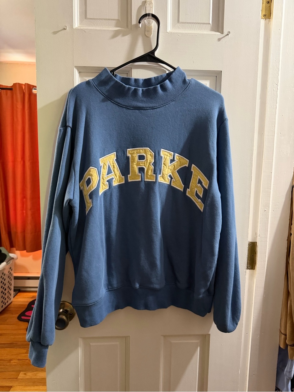 Parke Blue Mock Neck Sweatshirt with Yellow Lettering